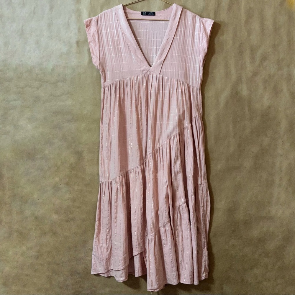 Zara | Asymmetrical Midi Dress Tiered Popover Deep V Neck Pink Metallic Size S
